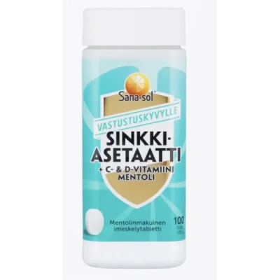 Sana-sol sinkki-Asetaatti  Сана-сол ацетат цинка + витамин С и Д 100 таблеток  вкус ментола